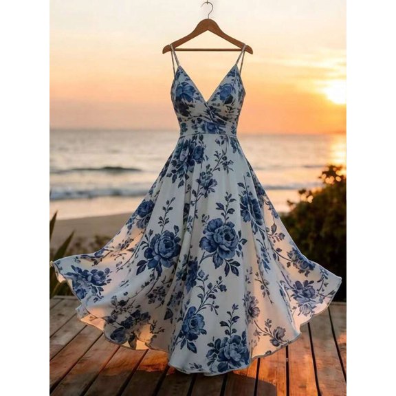 Multicolor Blue & White Floral Print Spaghetti Strap V-Neck Waist-Cinched A-Line Maxi Dress For Spring Summer Vacation