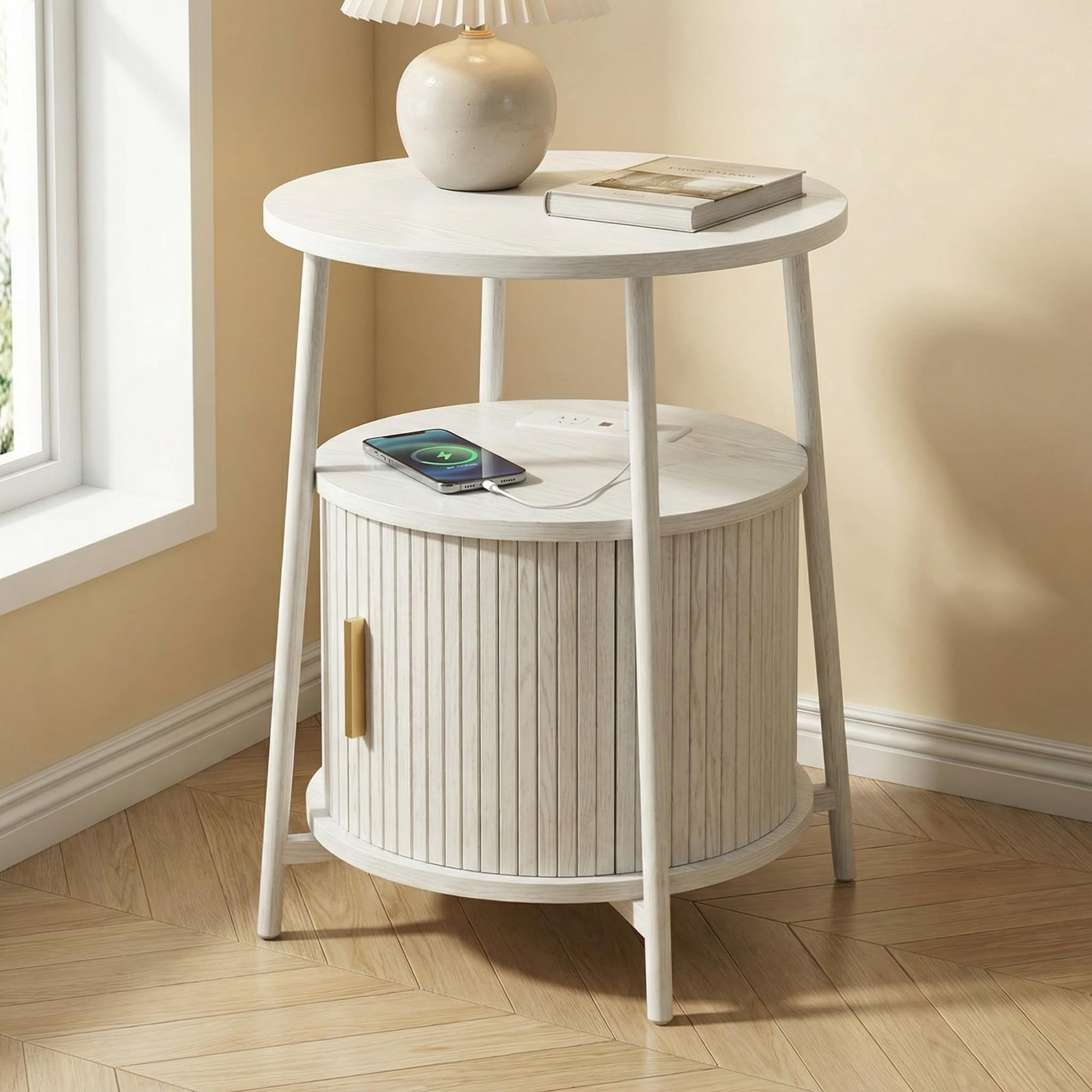 Round End Table with Charging Station, Fluted Side Table with Sliding Door, Mid Century Modern Nightstand for Bedroom & Living Room, White