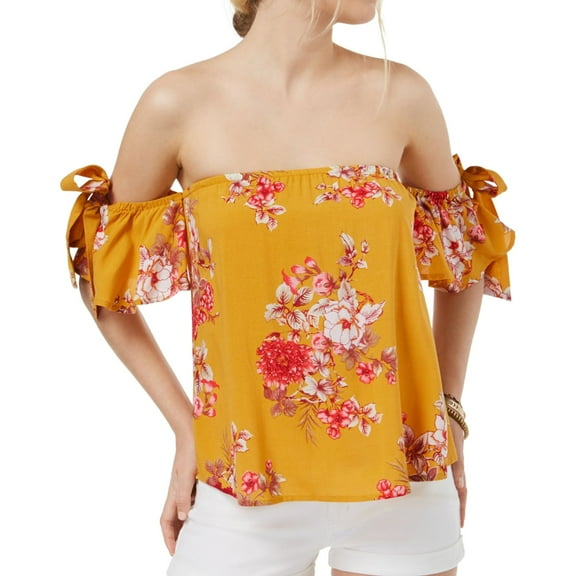 Gypsies & Moondust Womens Tie-Sleeve Off the Shoulder Blouse, Yellow, Juniors, X-Large
