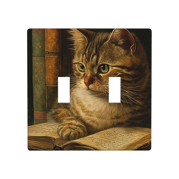 2 Gang Double Toggle Wall Plate Light Switch Cover Wallplate - Library cat Books Vintage