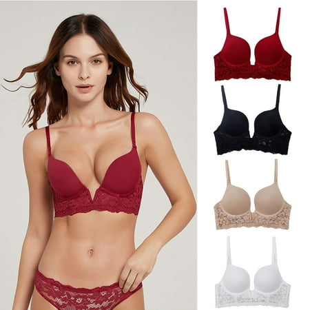 

Women s Lace Low Back Bra Deep V Low Cut Padded Push Up Underwear Lifting Backless Adjustable Bra