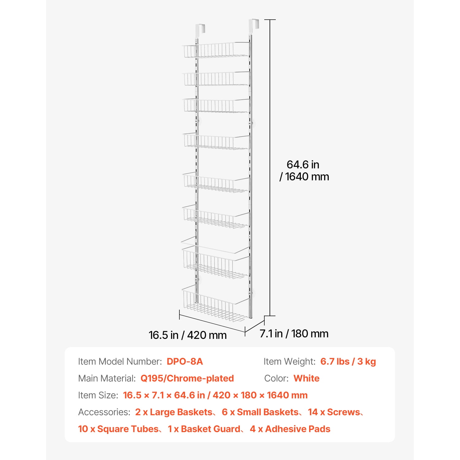 KFFKFF Door-Mounted Pantry Organizer, 8-Level Storage Solution, Robust Steel Constructed Spice Holder, Customizable Wall-Mounted Condiment Shelves, Suitable for Home Kitchen, Laundry Area, Bathroom