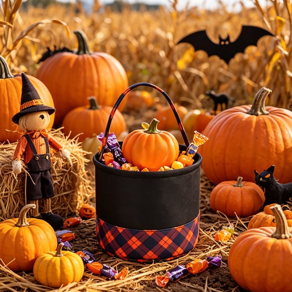 Halloween Storage Basket, Imitation Linen Cloth Candy Basket with Plaid Accents, Hangable Treat Holder for Trick-or-Treating, Spacious Party Supply for Holiday Decor, Indoor, Linen Basket, Black