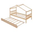 thumbnail image 5 of Twin Size House Bed with Twin Size Trundle, Solid Wood Bed Frame with Roof Headboard and Footboard, Playhouse Bed for Kids Boys Girls, Natural, 5 of 7