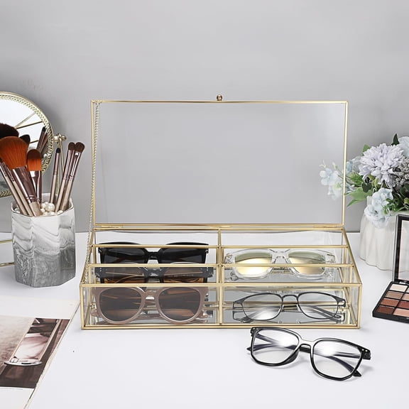 Sunglasses Organizer Case, Clear Glass Eyewear Display Case with Lid, Mirrored Sunglasses Collection Holder Storage Box