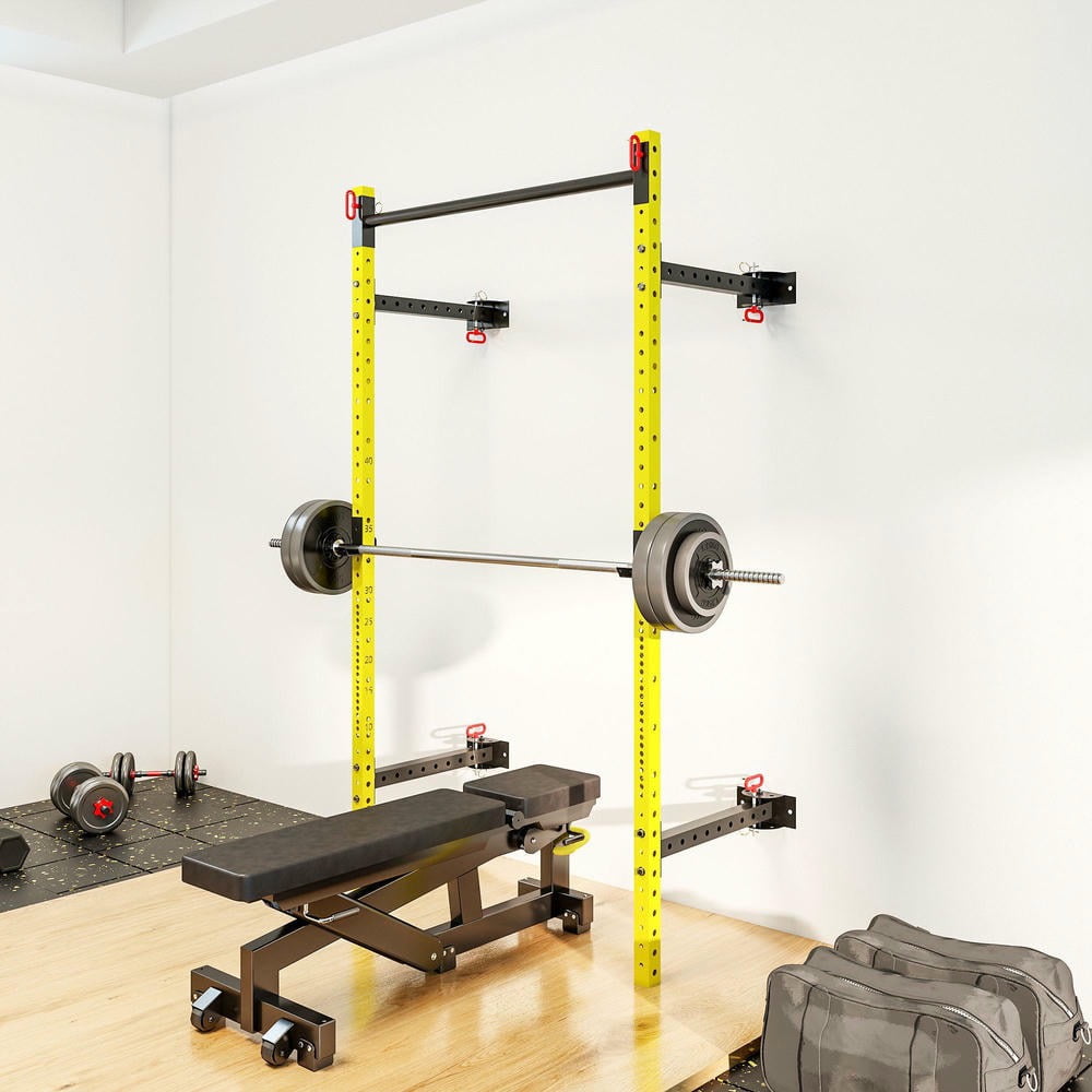 Barara King Adjustable Multi-Functional Racks with Pull Up Bar, Wall Mounted and Adjustable, Barbell Racks with 1000 Pounds Capacity, Yellow