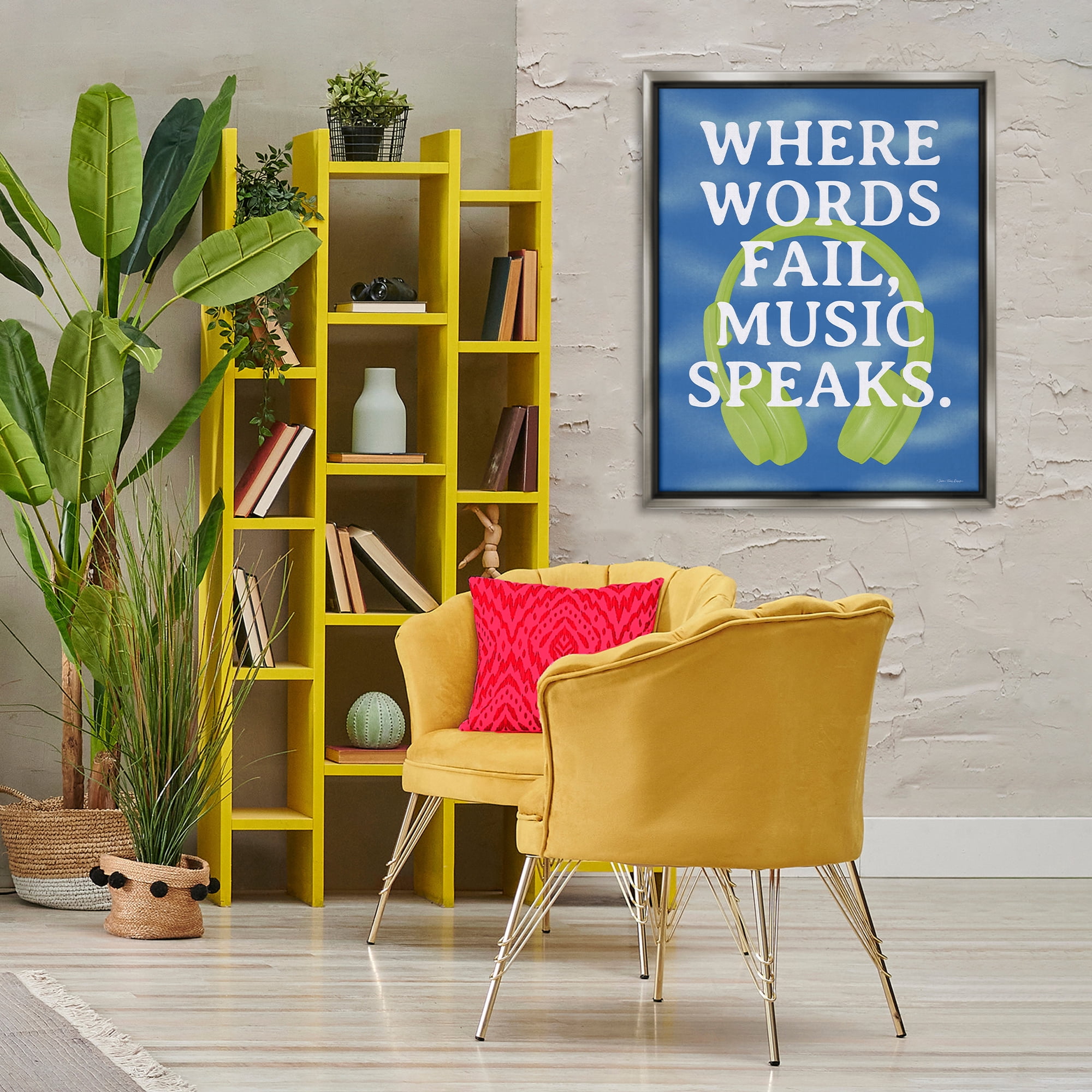 Stupell Industries Words Fail Music Speaks Entertainment Painting Gray Floater Framed Canvas Art Print Wall Art, 25 x 31