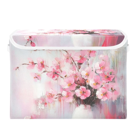 Pink Flower Vase Large Storage Bins with Linen Collapsible Lid Storage Box 16.7 x 12.6 x 11.8in