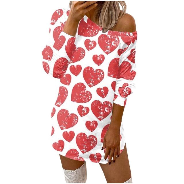 Pompotops Robe Mini Ample Confortable à Imprimé Cœur pour Femmes, Col Rond, Manches Longues, Épaules Dénudées