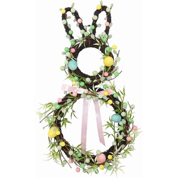 18" Easter Bunny Wreath – Small Bunny Shape Wreath with Green Berry and Egg Decorations, Front Door Easter Decor, Spring Wreaths for Home and Porch