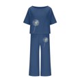 thumbnail image 4 of 2024 Clearance! JINMGG Two Piece Outfits Women, 2024 Fashion Fall Clearance Ladies Summer Fashion Casual Loose Round Neck Short Sleeve Printing Wide Leg Linen Suit Navy L, 4 of 5