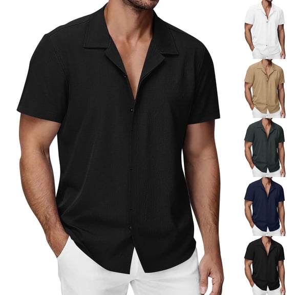 Men's Short Sleeve Shirt With Collar Casual Loose Fit Breathable Business Top 95% Cotton 5% Spandex Solid Color Daily Home | Zenithor,Black L
