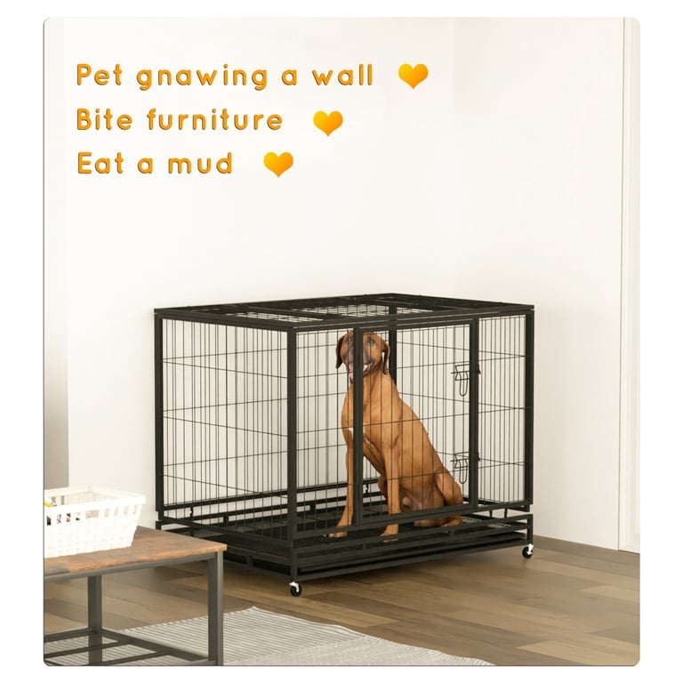 48 Inch Heavy Duty Indestructible Dog Crate Steel Escape Proof, Indoor  Double Door High Anxiety Cage, Kennel With Wheels, Removable Tray, Extra  Large