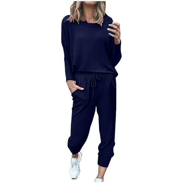 FNFYFH Ensemble de Survêtement en Liquidation pour Femmes 2 Pcs Tenues pour Femmes Chandails en Molleton Col Rond Chandail Ensemble de Détente Deux Pièces Confort Jogging Pantalon Long Entraînement Survêtements Athlétiques Marine,TTG