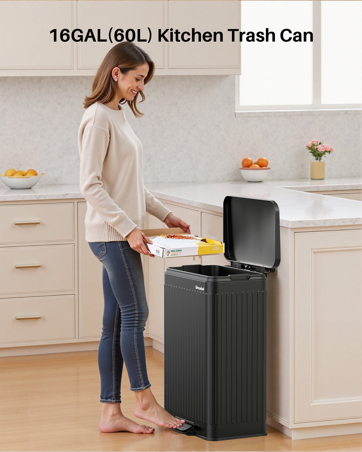 16 Gallon Stainless Steel Trash Can,60L Large Footstep Garbage Can with Removable Inner Bucket, Fits 20-Gallon Bags,Bin for Kitchen Office