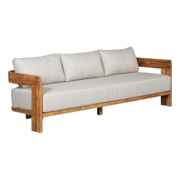 Pemberly Row Modern Outdoor Solid Teak Wood Sofa - Gray Fabric