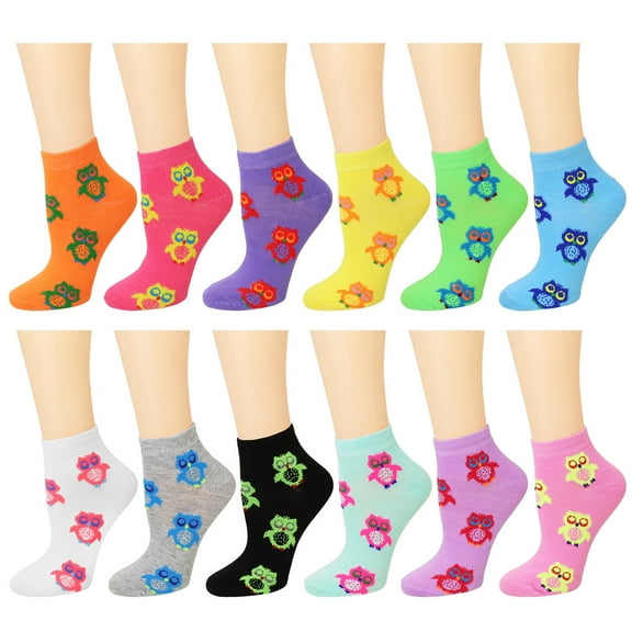 12 Pairs Owl Assorted Colors Women's Ankle Socks Size 9-11