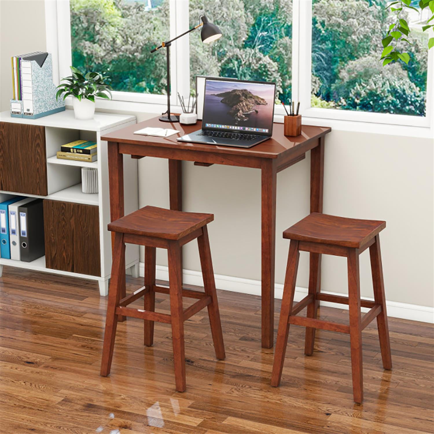 Demi Bonn 3-Piece Bar Table Set with Pub Table and 2 Saddle Stools, 35" Wooden Kitchen Dining Table Set, Perfect for Small Space, Brown