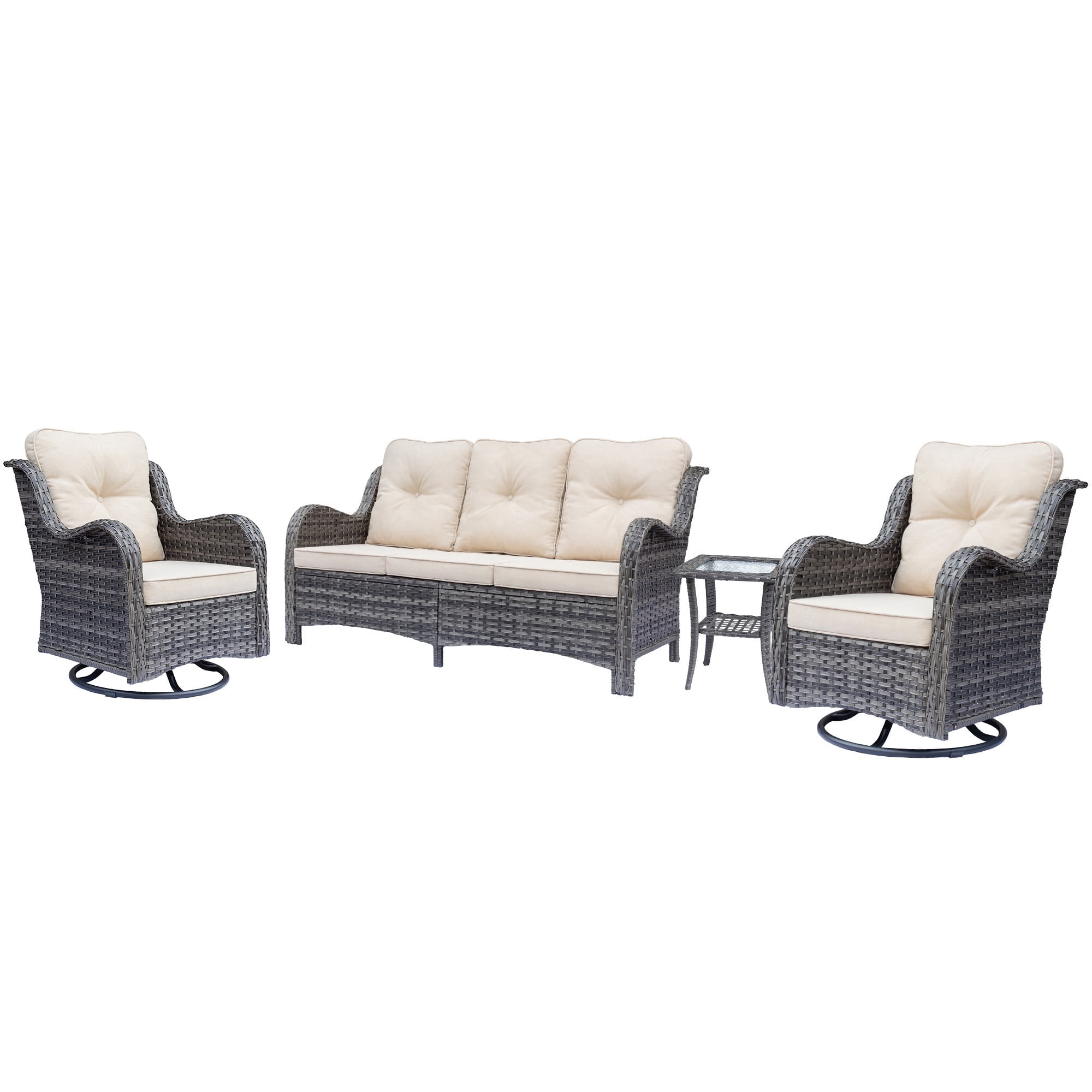 Fulljojor 4 Pieces Outdoor Patio Furniture Set, Rattan Wicker Sectional Swivel Rocker Chairs Sets