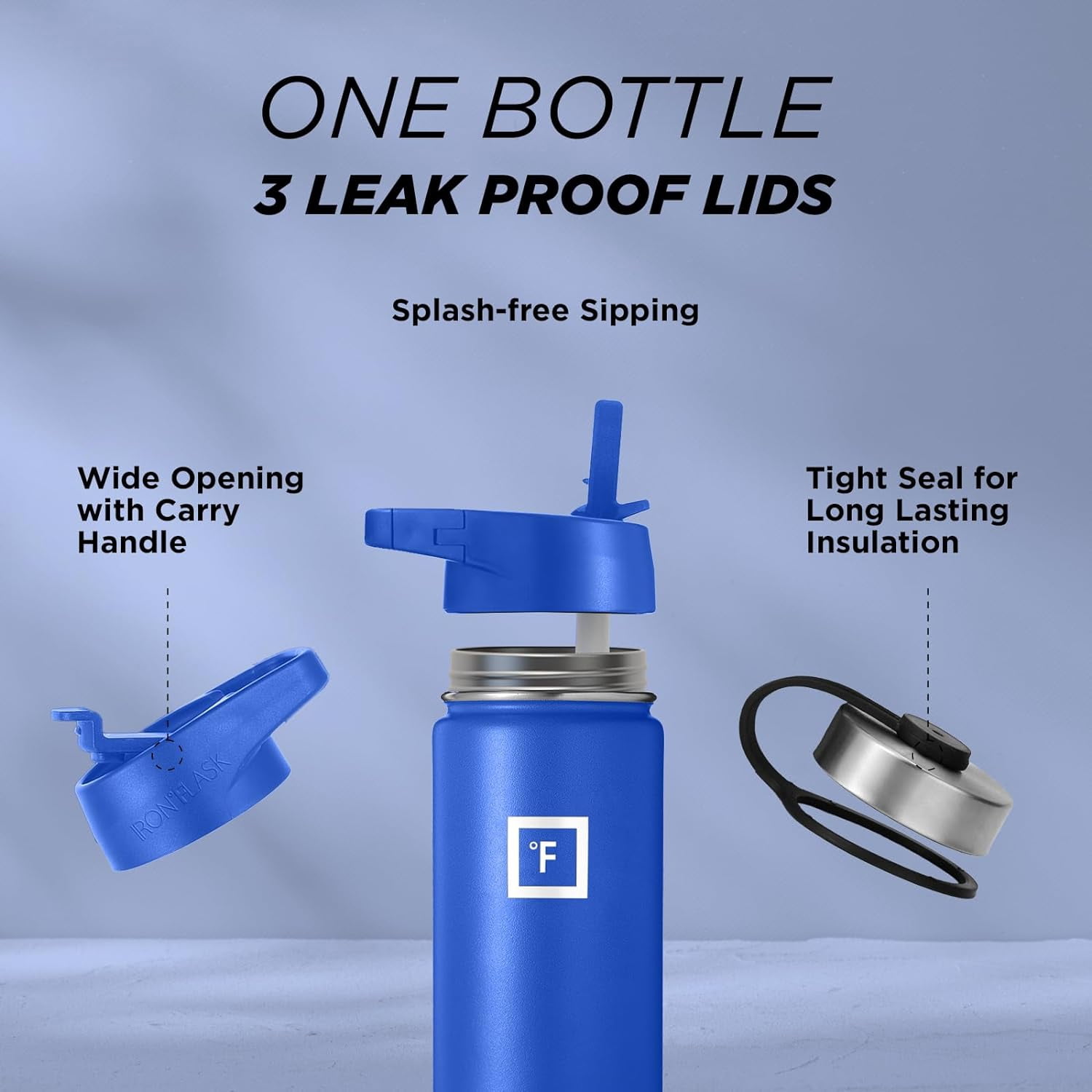 IRON °FLASK Camping & Hiking Hydration Flask, Wide Mouth, 3 Straw Lids, Stainless Steel Outdoor Water Bottle, Double Walled, Insulated Thermos, Metal Canteen - Cobalt Blue, 22 Oz