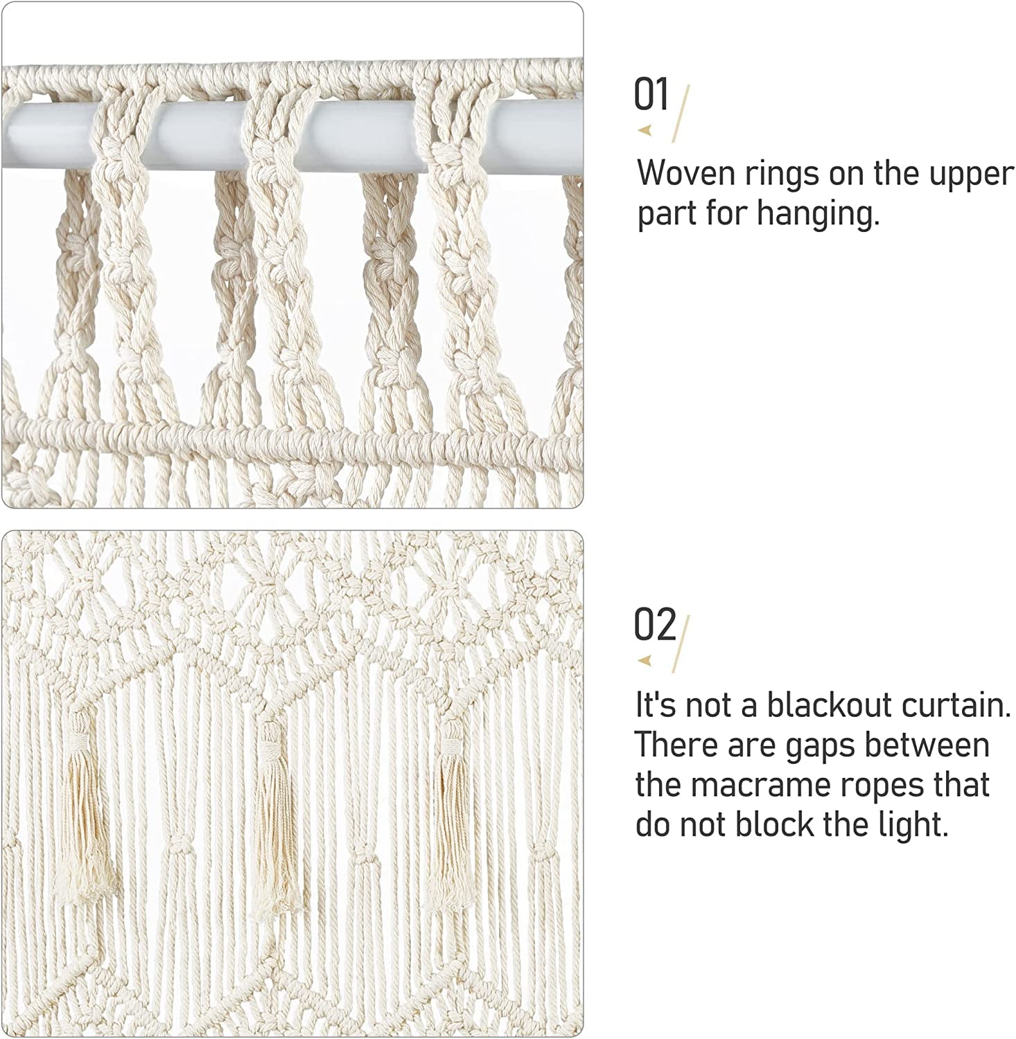Mkono Macrame Doorway Curtains Boho Cotton String Window Curtain, 70"L x 51"W Wedding Party Backdrop, Off White
