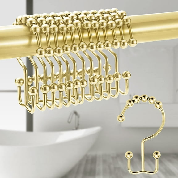 Rust Proof Shower Curtain Hooks Rings, Casewin Stainless Steel Shower Curtain Rings Metal Double Glide Shower Hooks for Bathroom Shower Rods Curtains, Golden Decorative Finish, Set of 12 Hooks