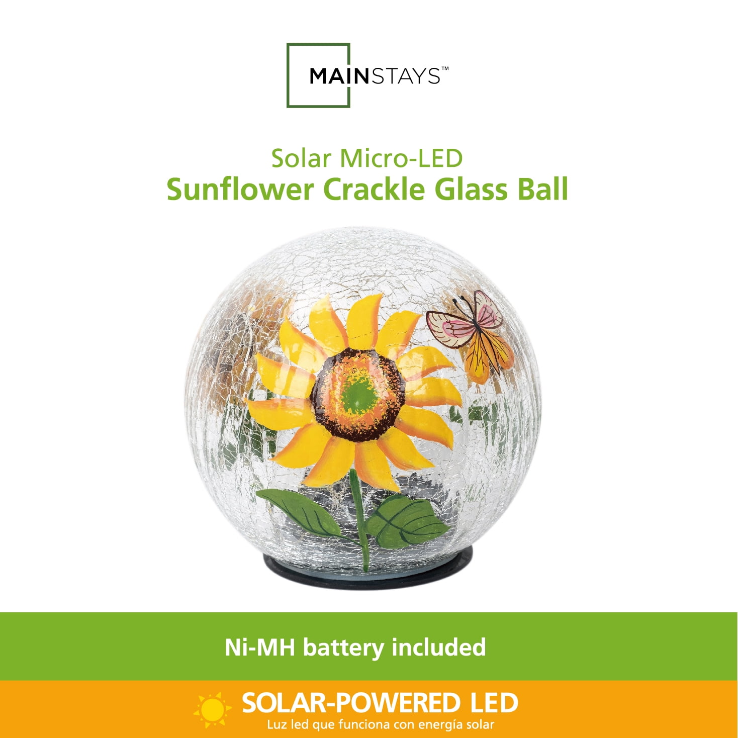 Mainstays 6 inch Solar Sunflower Crackle Glass Ball Decor, 6" Length x 6" Width x 6" Height