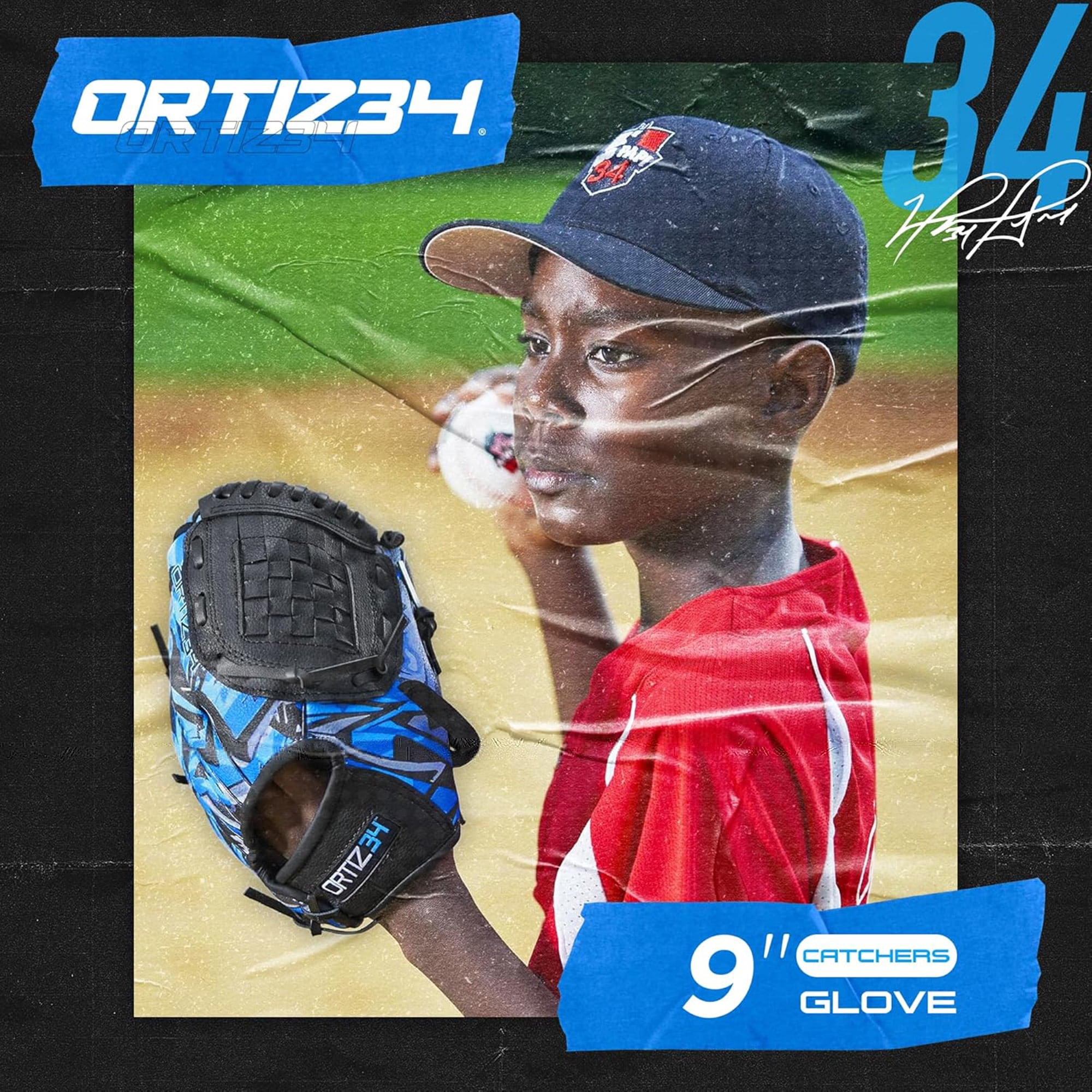 Ortiz34 9" Graffiti Youth T-Ball Baseball Glove, Right Hand Throw, Easy Close, No Break-In, Lightweight, Black/Blue