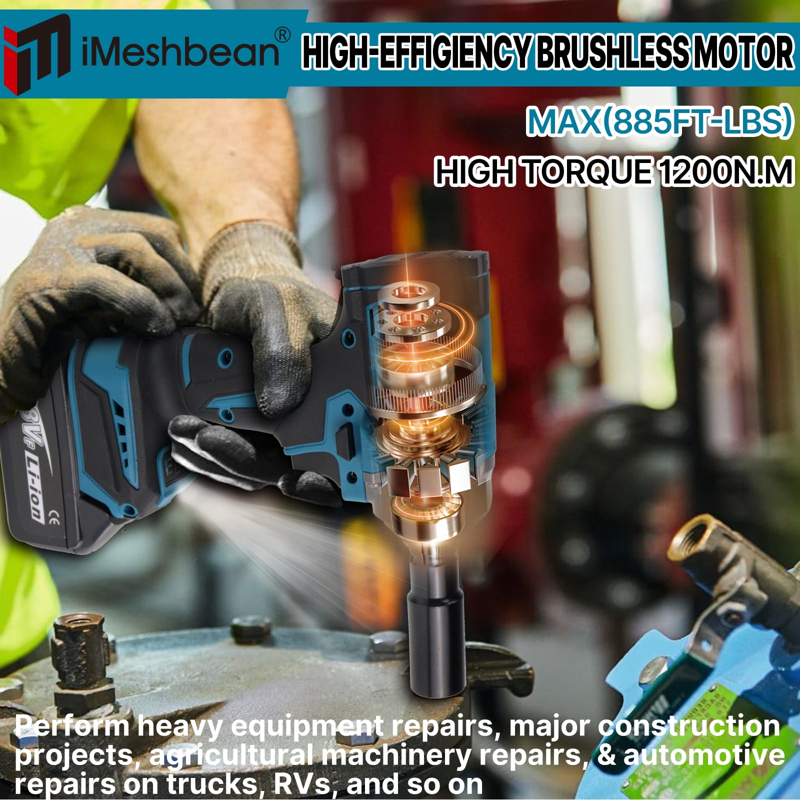 iMeshbean 21V Cordless Impact Wrench 1/2" 1200Nm High Torque Brushless Drill w/ 2 Battery