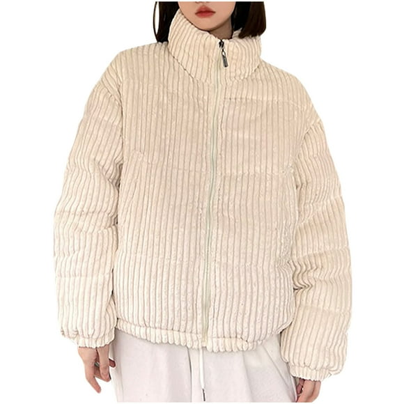 Besolor Women's Corduroy Puffer Jacket Winter Padded Long Sleeve Stand Collar Coats Loose Casual Warm Thicken Outwear