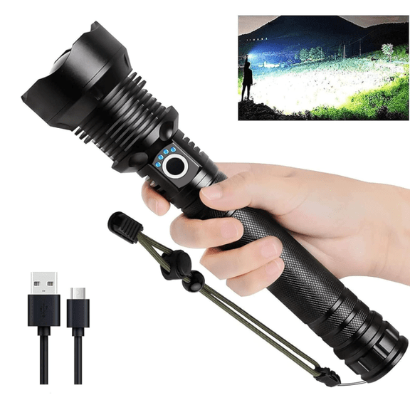 Rechargeable LED flashlight with high lumens, 90000 lumens ultra bright flashlight, 5 modes and waterproof function, suitable for camping emergency situations