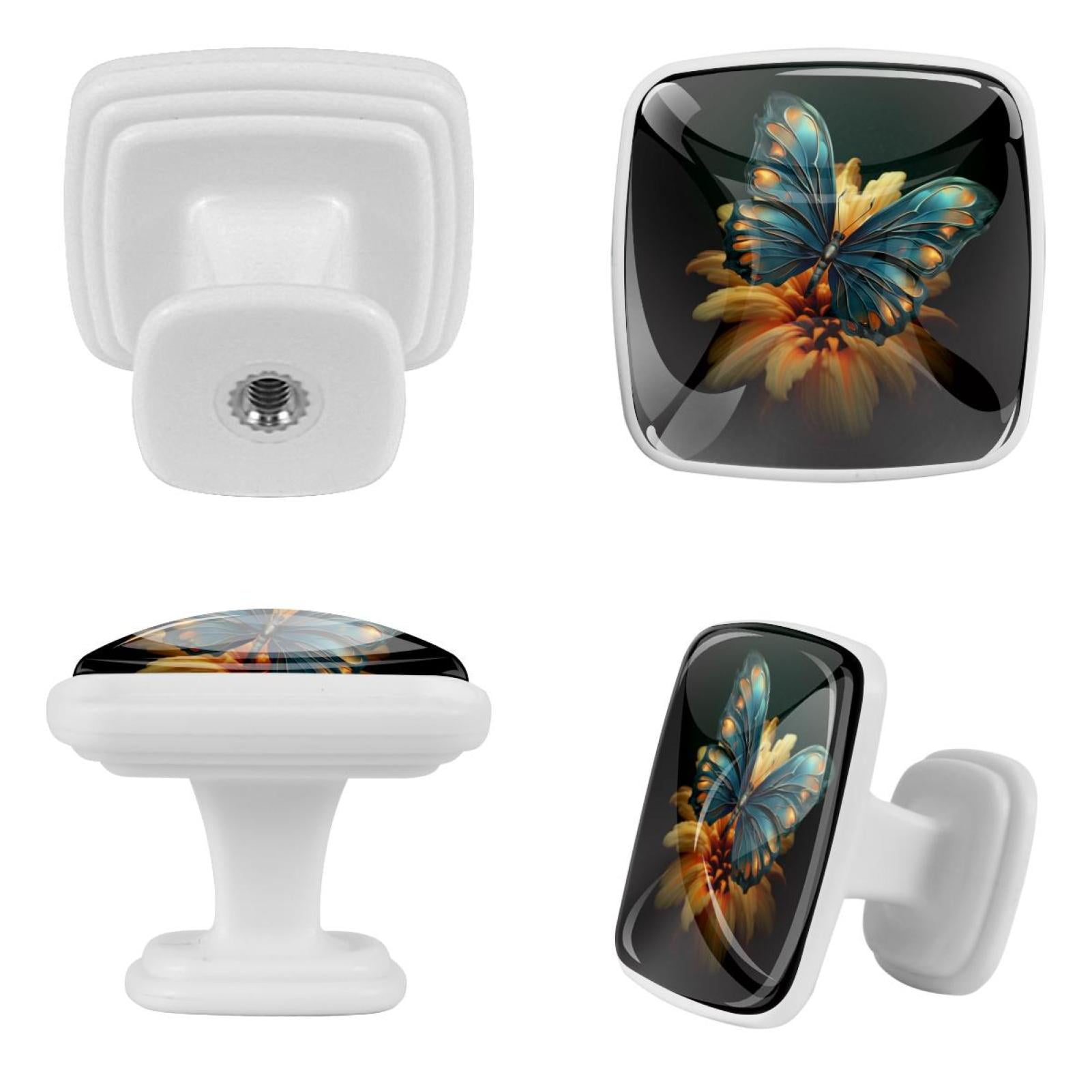 HemaKayy 4 Pack 1.18" Decorative Cabinet Knobs - Durable ABS Glass Handles for Cabinets, Drawers, and More - Enhance Your Home Kitchen Furniture Decor - Turquoise Blue Butterfly Lily Flower