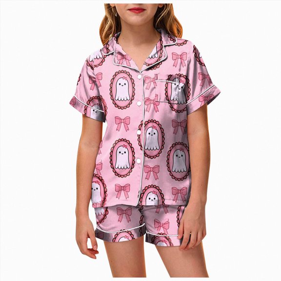 NIEWTR Girls Halloween Sleepwear Short Sleeve Pumpkin Printed Lapel Blouse Pajamas Sets Tops With Elastic Waist Shorts Two Piece Loungewear For Kids Trendy Nightwear