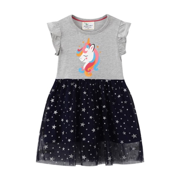 Vestido de verano para niñas, estampado de unicornio de dibujos animados, ropa para niños, Vestidos informales de malla de estilo coreano, traje de fiesta de cumpleaños, Vestidos Outfits7T Gao Jinjia LED