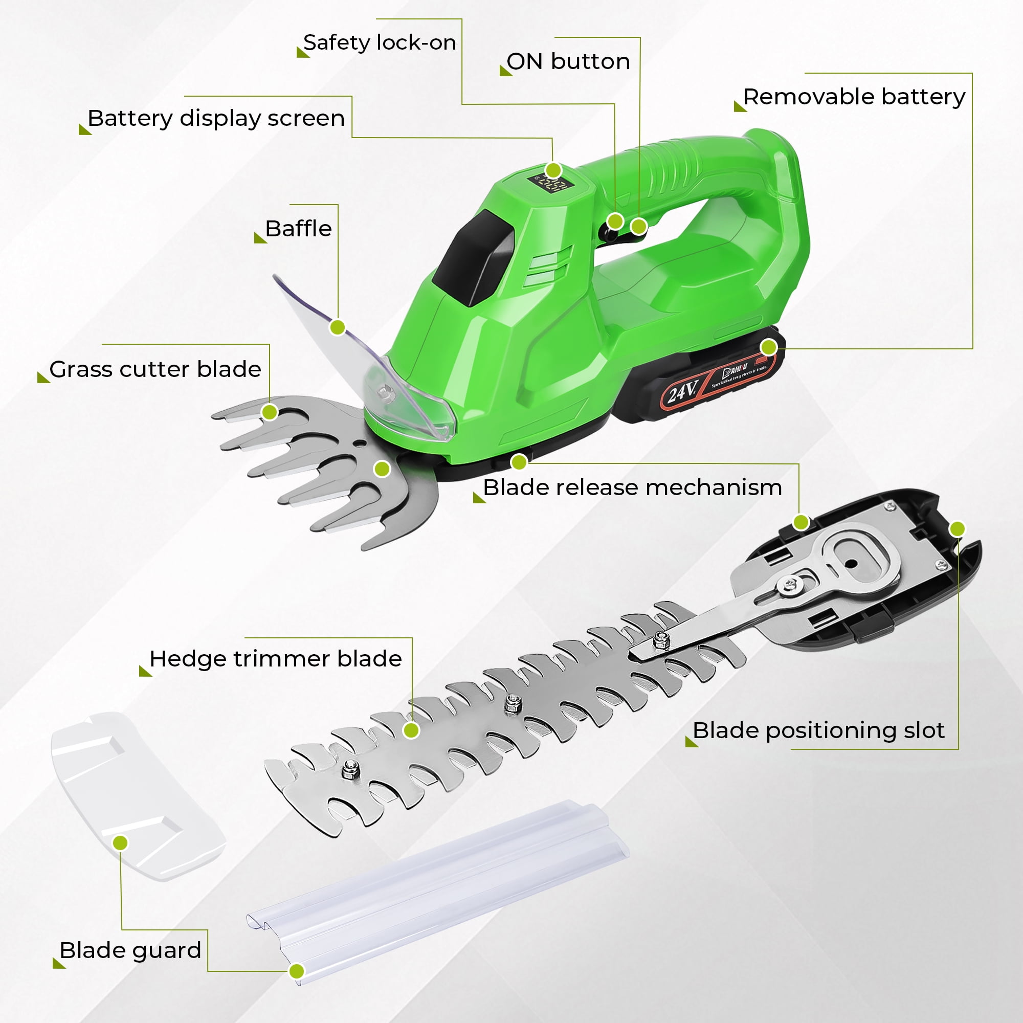 HOTREE Cordless Hedge Trimmer, Grass Shear, 2-in-1 25000 RPM, Battery Level Indicator, for Shrubs, Gardens, Patios, and Lawns