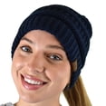thumbnail image 2 of C.C BeanieTail Soft Stretch Cable Knit Messy High Bun Ponytail Beanie Hat, Criss Cross Navy, 2 of 6