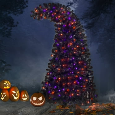 Clearance! 6FT Artificial Fir Bent Top Halloween Christmas Tree, Xmas Tree Bendable Grinch Style Christmas Tree w/1,080 Lush Branch Tips, 300 LED Lights