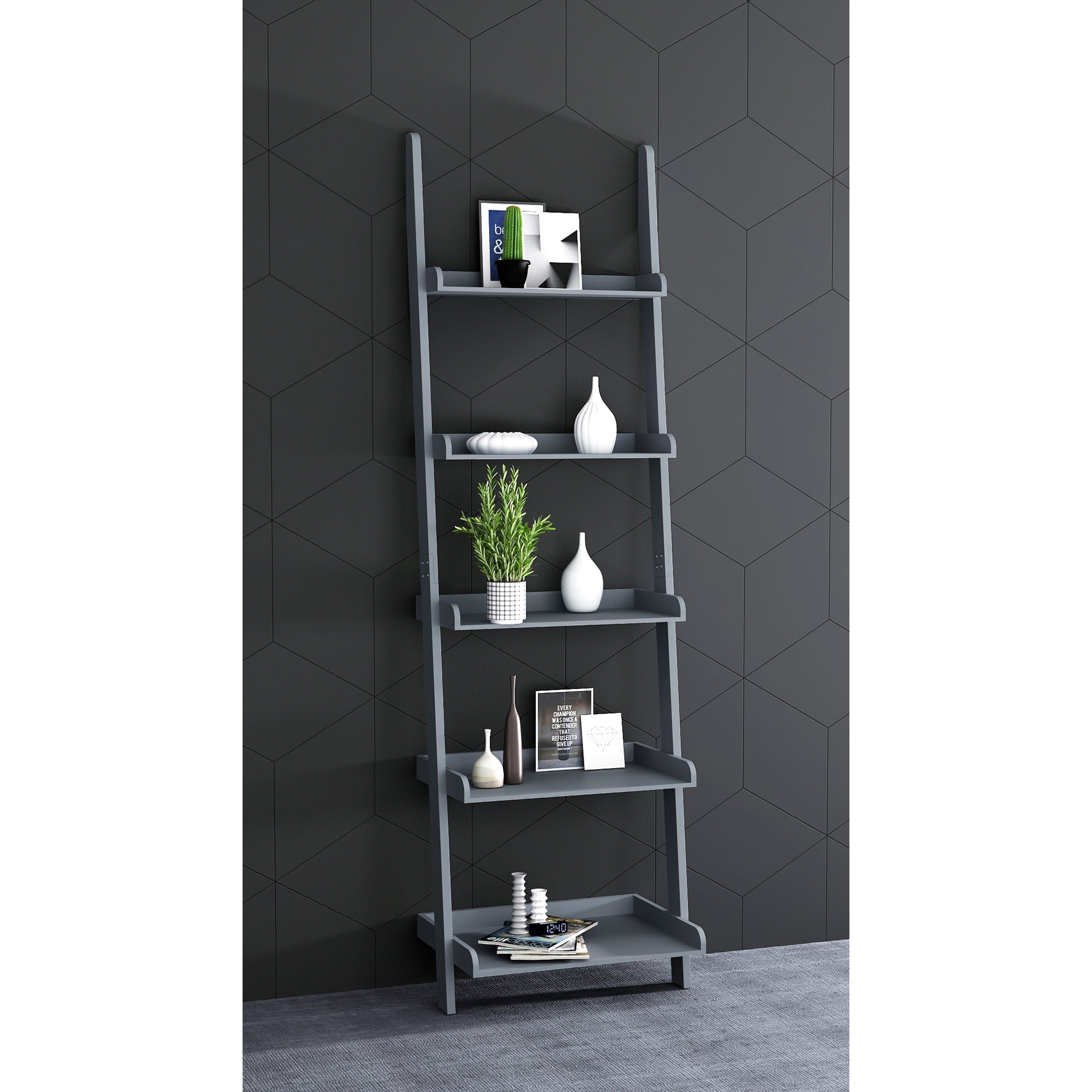 eHemco 5 Tier Ladder Leaning Wall Bookcase, Storage Bookshelf, 70 Inches, Gray