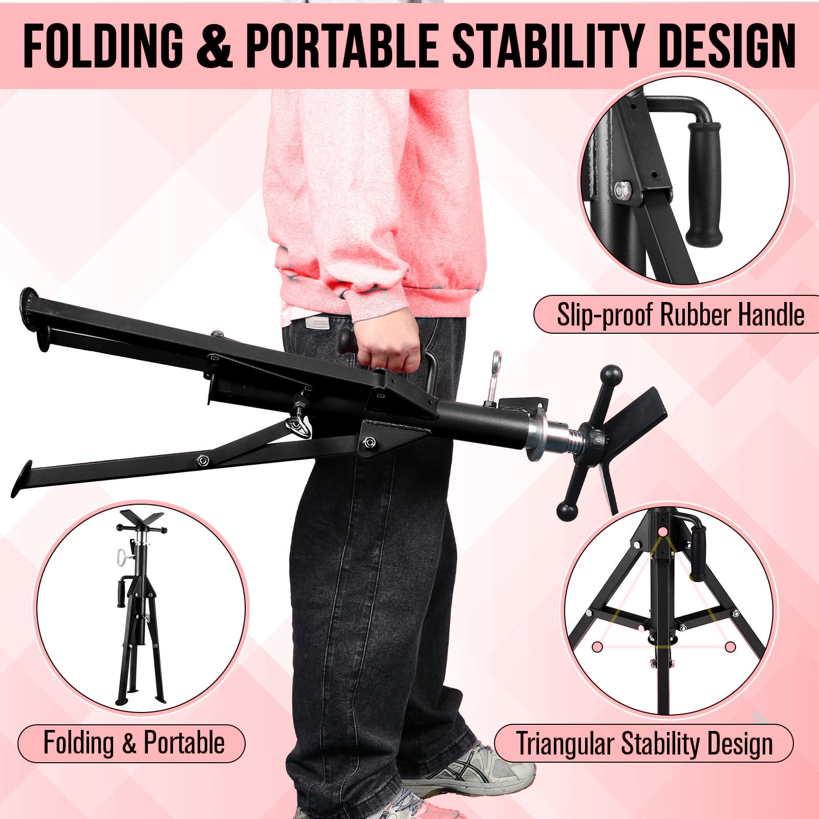 V Head Pipe Jack Stand, Heavy Duty Pipe Stand, 2500LB Jack Stands With Portable Folding Legs 28-52 Inch Height Adjustable 1/8"-12" Capacity,Yellow,Maual Included