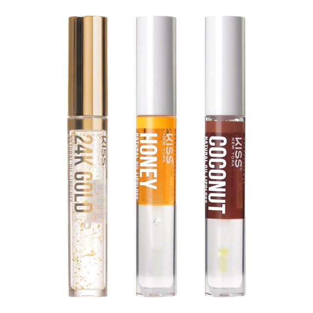 Kiss New York Paquete de 3 aceites labiales brillantes, hidratantes, no pegajosos, aceite natural, brillo labial transparente, hidratante ligero para labios (oro, miel y coco)