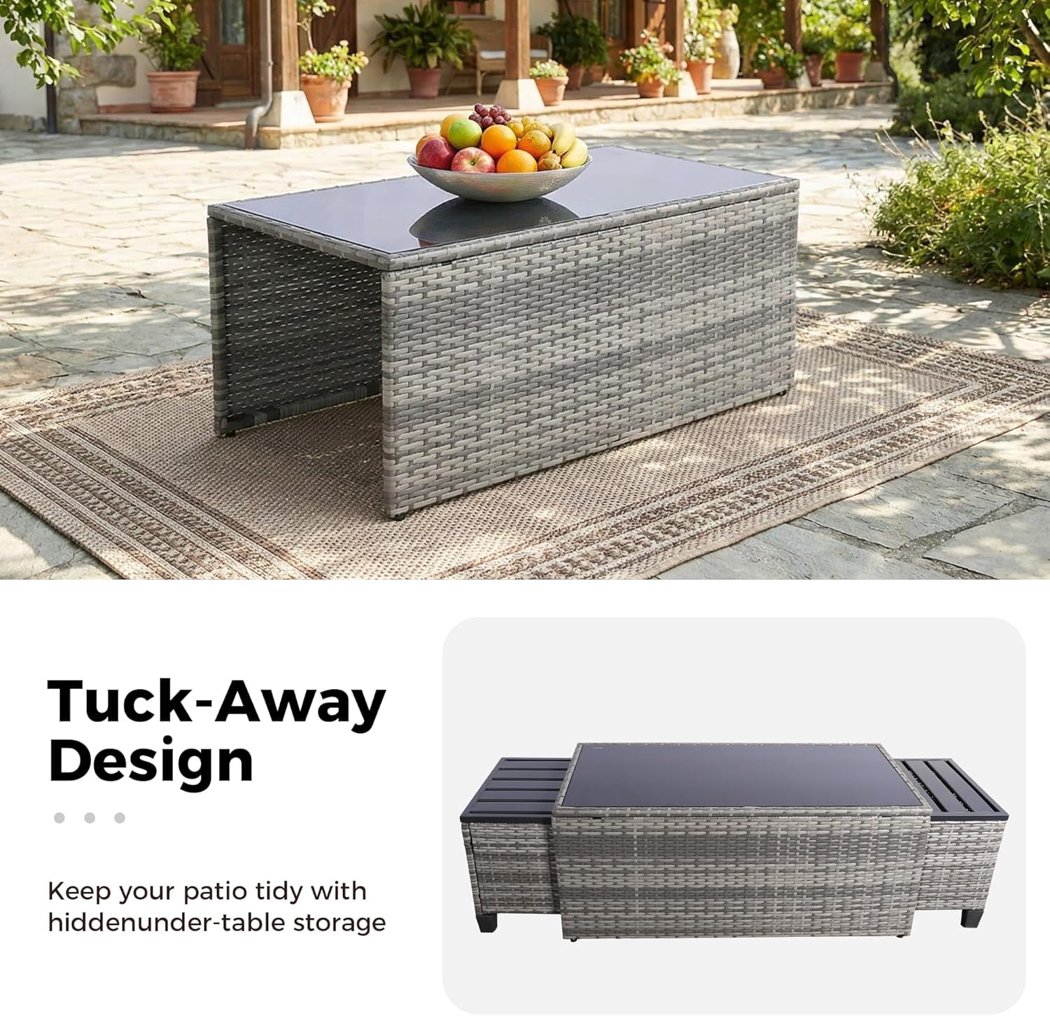 Ainfox 7-Piece Outdoor Wicker Patio Furniture Set, Sectional Conversation Set with 3-Seat Sofa, Loveseat, Coffee Table, Chairs & Ottomans, Gray, Space-Saving Design for Backyard, Porch, Poolside