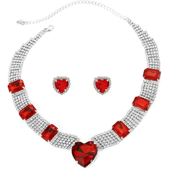 Rhinestone Red Heart Choker Necklace Earring Jewellery Set for Women Cubic Zirconia Bride Wedding Tennis Necklaces Love Stud Earrings Chain Neck Jewerly Girlfriend Evening Party