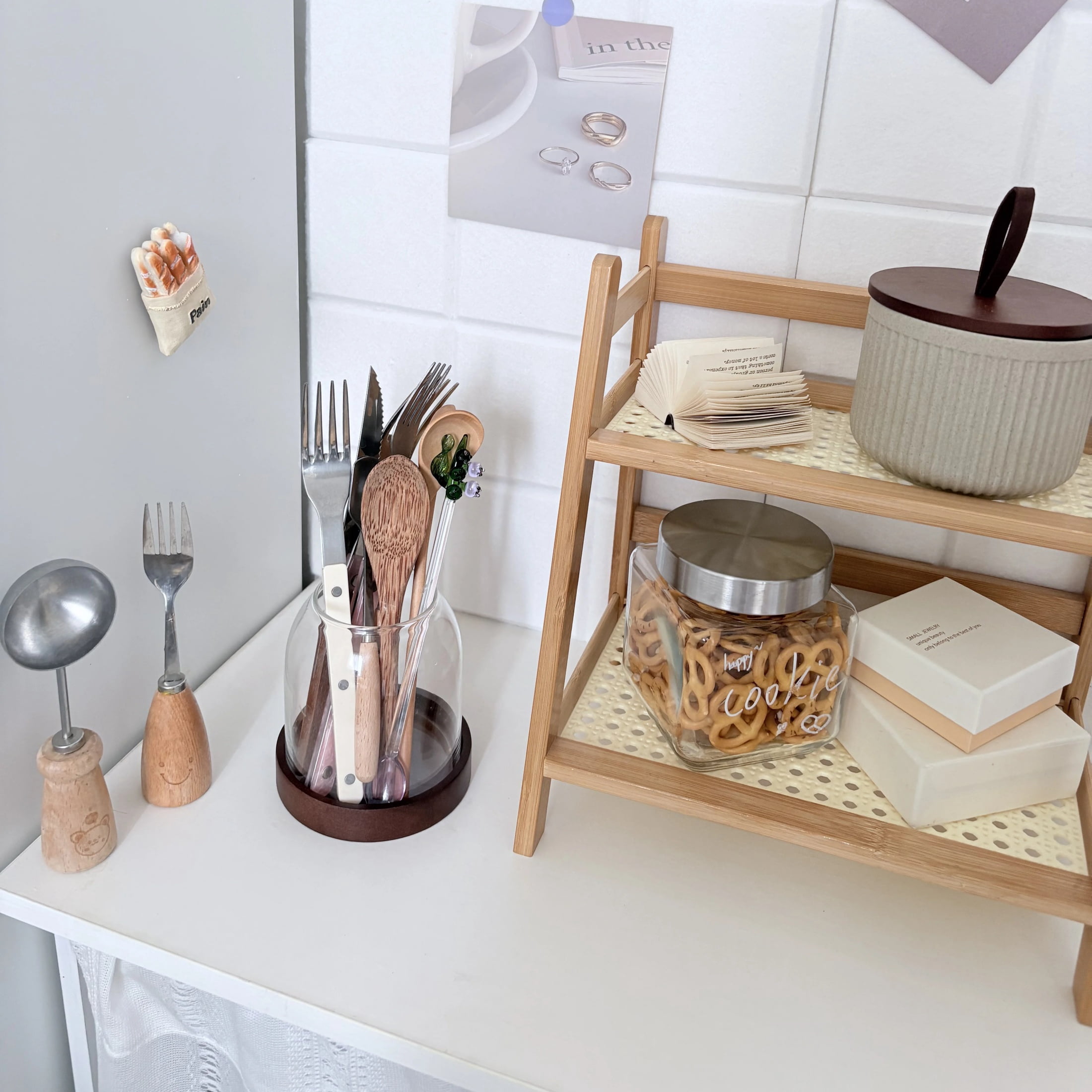 Glass Utensil Holder With Wooden Base,Fork And Spoon Set With Wood Handles,Cutlery Caddy For Kitchen Afternoon Tea Ice Cream Cake Stainless Steel