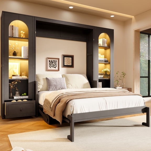 Harper & Bright Designs Queen Size Murphy Bed Wall Bed with Side Cabinets and LED Light, Cabinet Bed Folding Wall Bed with Storage Shelves and Drawers for Guest Room Office, Gray