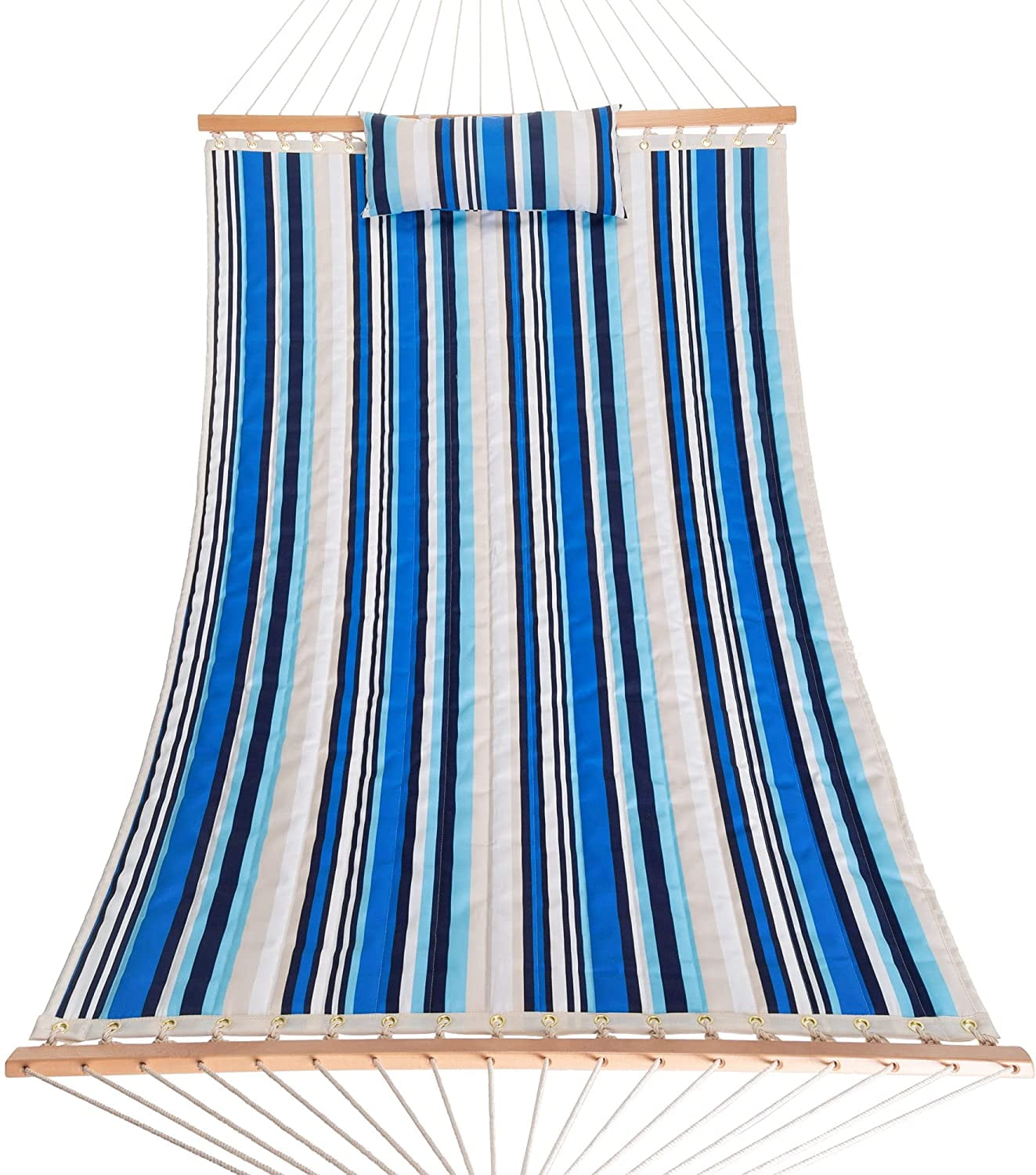 Large Double Quilted Hammock with Detachable Pillow - Blue/Beige Stripe
