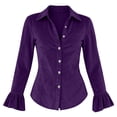 thumbnail image 5 of Womens Velvet Button Down Shirts Velour Flounce Long Sleeve Lapel Collared Slim Fit Dressy Blouse for Business Casual Work Office Fall Fashion, Purple, XL, 5 of 7
