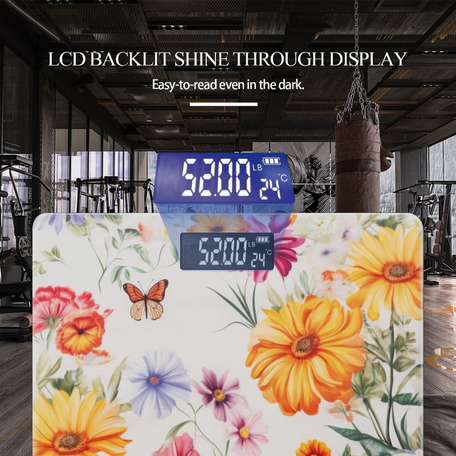 Bathroom Scale, Highly Accurate Digital Body Scale,Precisely Measures Weight up to 400 lbs-Beautiful Summer Flowers And Butterflies On White Background