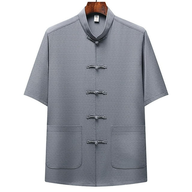 Blusa y camisa de manga corta con cuello alto para hombre, cómoda, lisa, de poliéster, informal, de manga corta y cuello alto.