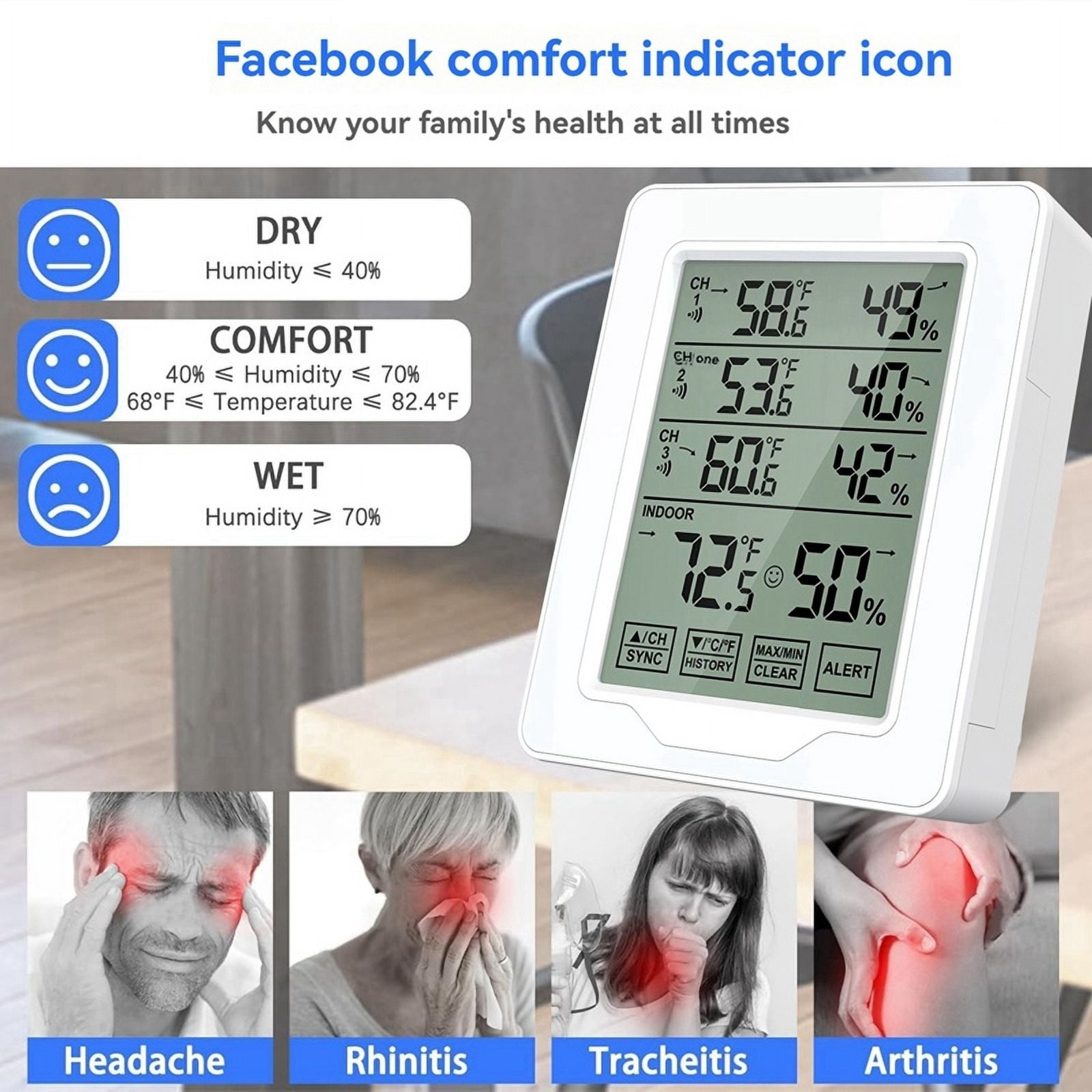 Digital Thermometer & Hygrometer Indoor Humidity with 3 Sensor Screen Display White Backlit Large Screen Recorder