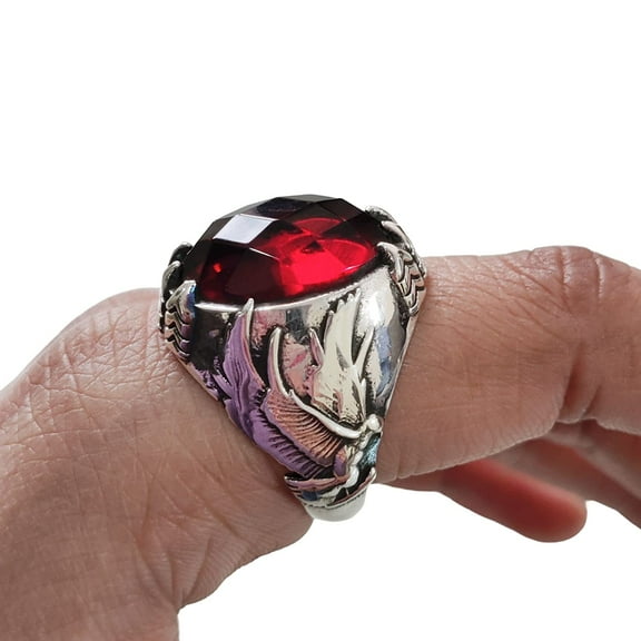 Red Garnet Ring, Silver Jewelry, 925 Silver Ring, Father's Day, Checker Garnet Eagle Claw Ring, January Birthstone Ring, Heavy Mens Ring, Spiritual Healing Gemstone, Christmas, Designer Mens Ring